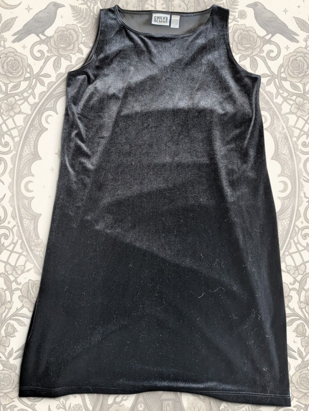 Vtg 90s Whimsigoth Black Stretch Velvet Shift Mini Dress Chico's Design 1 M/L